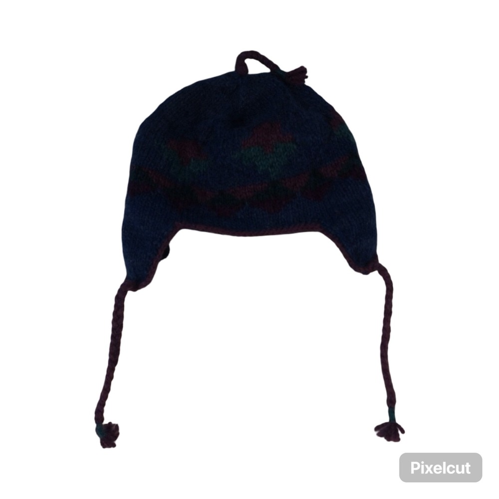 Vintage Lost Horizons Blue Floral Wool Tassel Ear Flaps Nepal Beanie Winter Hat